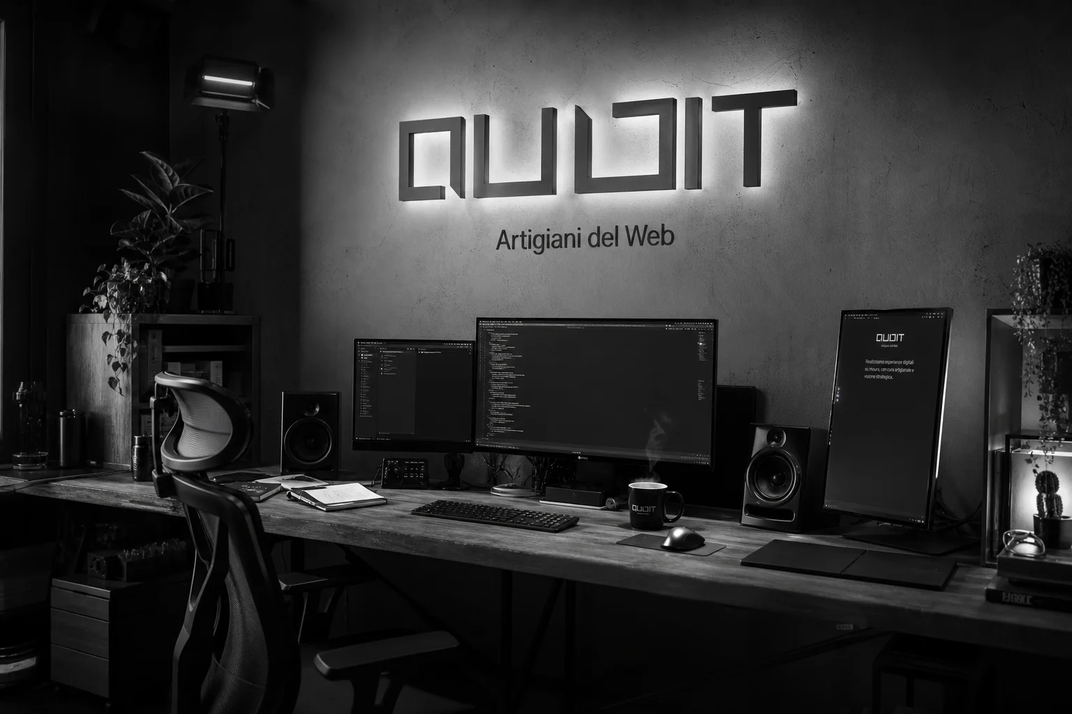 Qubit studio - workstation with backlit logo on the wall